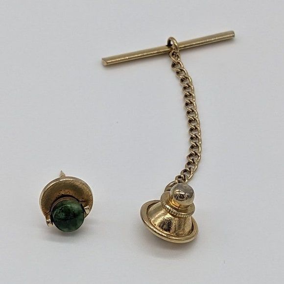 Signed Vintage SWANK Karat Gold MCM Genuine Jade Cufflinks & Tie Tack Pin Set - Picture 5 of 12